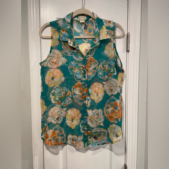 Love Notes Size S Turquoise Floral Sheer Button Down Sleeveless Top - Picture 1 of 9
